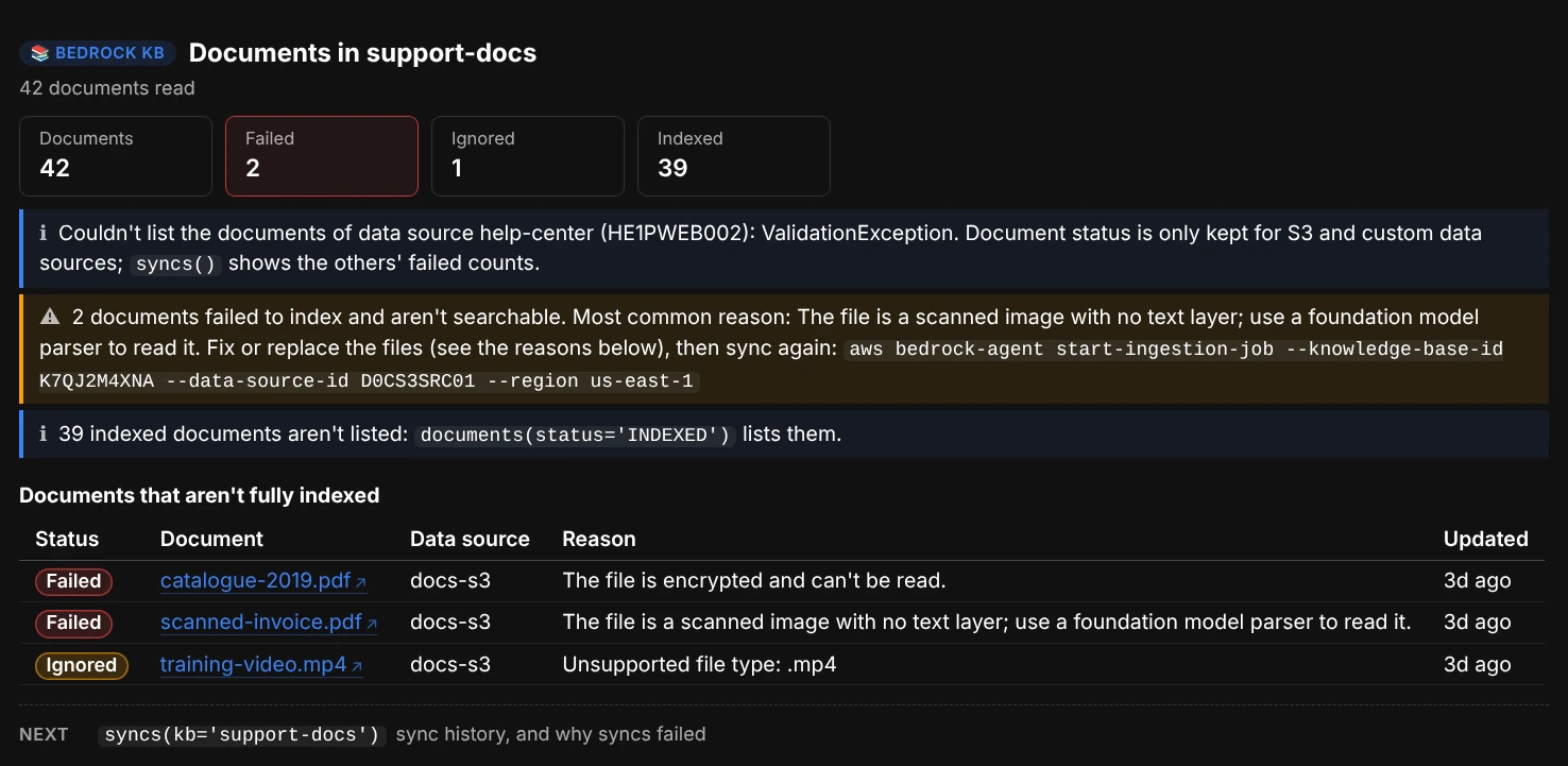 documents(): 42 documents read, of which 39 indexed, 2 failed and 1 ignored; a note that the web data source keeps no document status, a warning with the most common reason and the sync command, and a table of the three documents that aren't indexed with Bedrock's reason: an encrypted PDF, a scanned image with no text layer and an unsupported .mp4