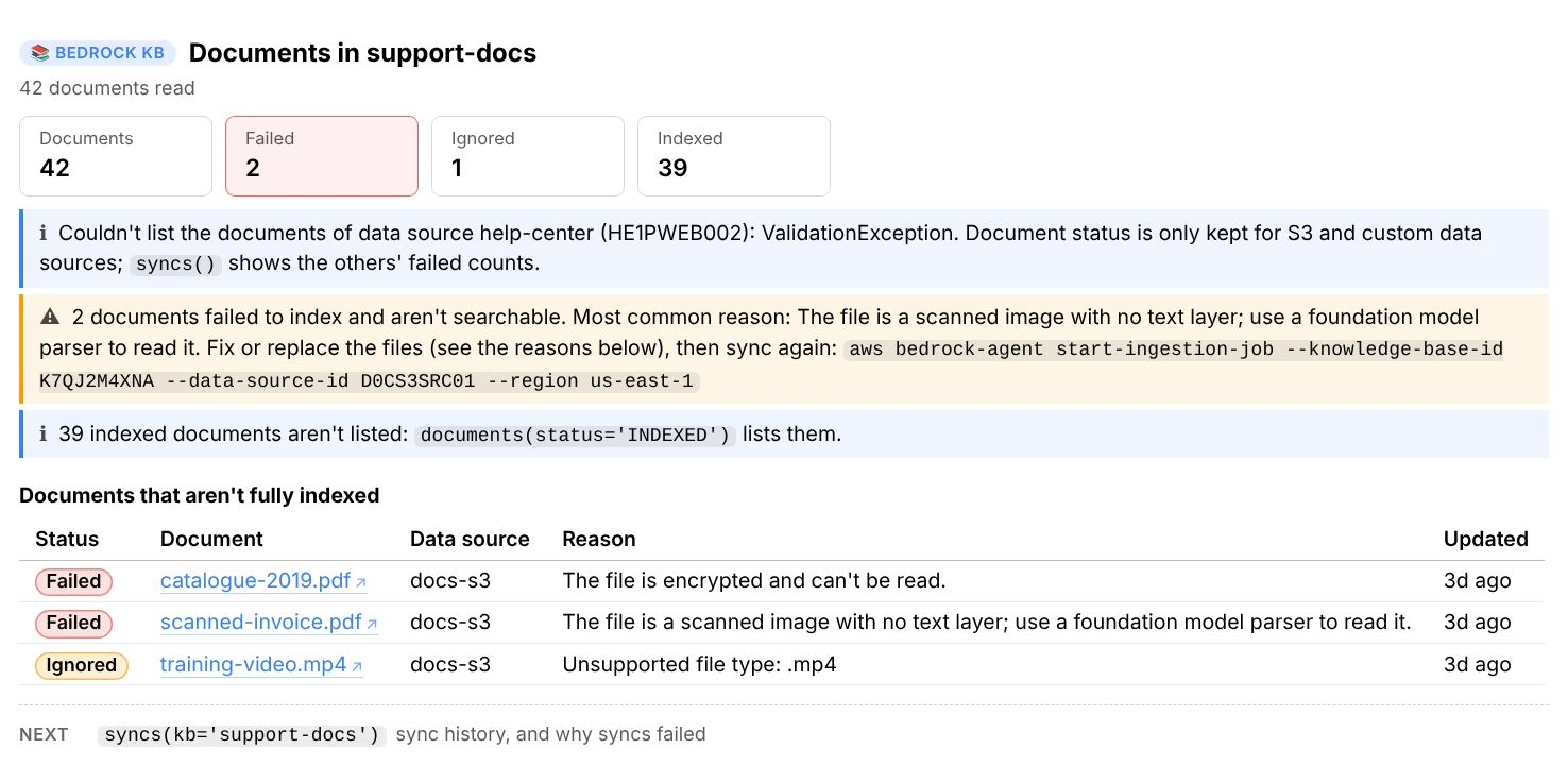 documents(): 42 documents read, of which 39 indexed, 2 failed and 1 ignored; a note that the web data source keeps no document status, a warning with the most common reason and the sync command, and a table of the three documents that aren't indexed with Bedrock's reason: an encrypted PDF, a scanned image with no text layer and an unsupported .mp4