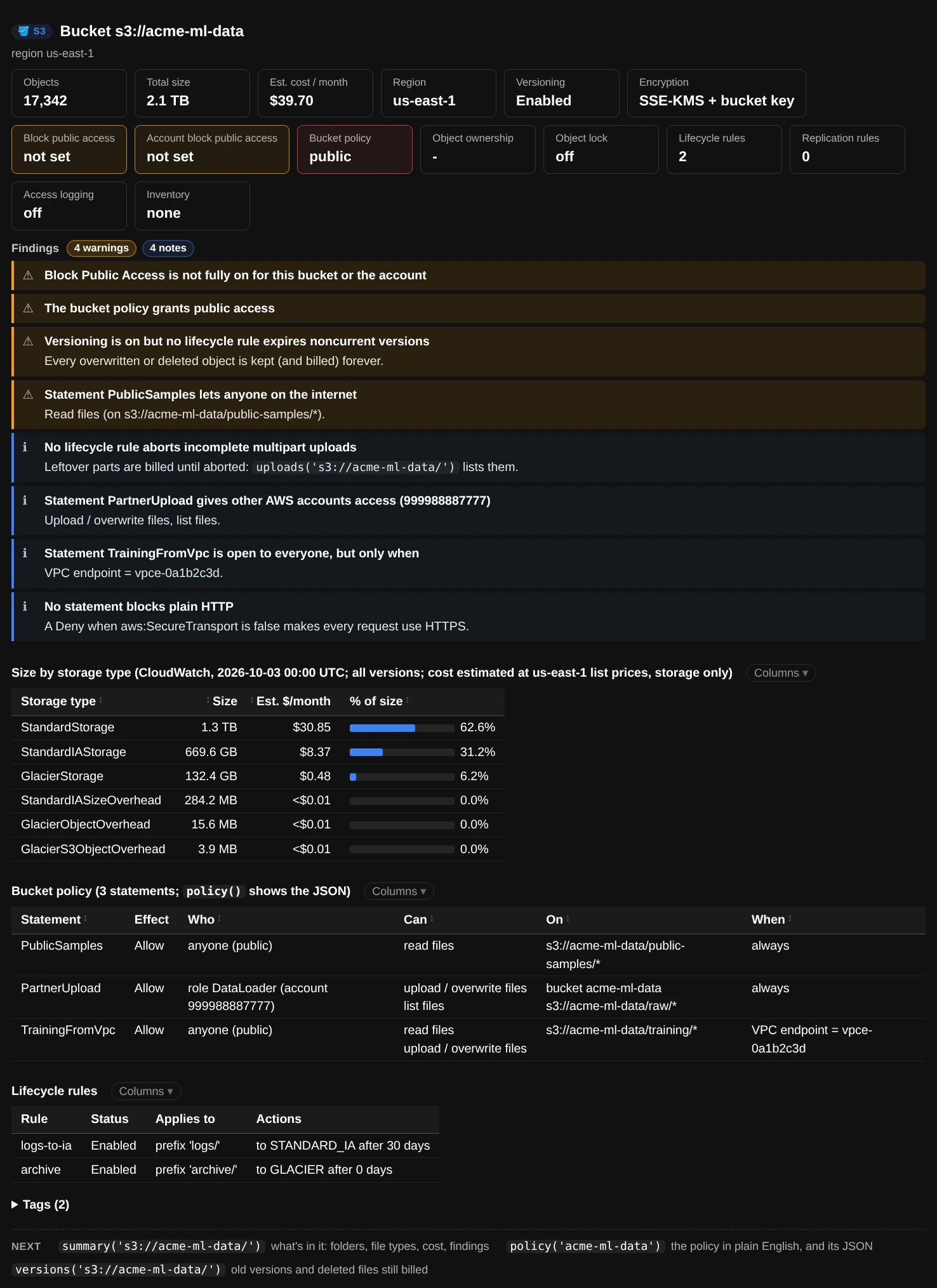 bucket_info(): cards for objects, size, cost, region, versioning, encryption and public access, warnings, size by storage type with cost, the bucket policy and lifecycle rules