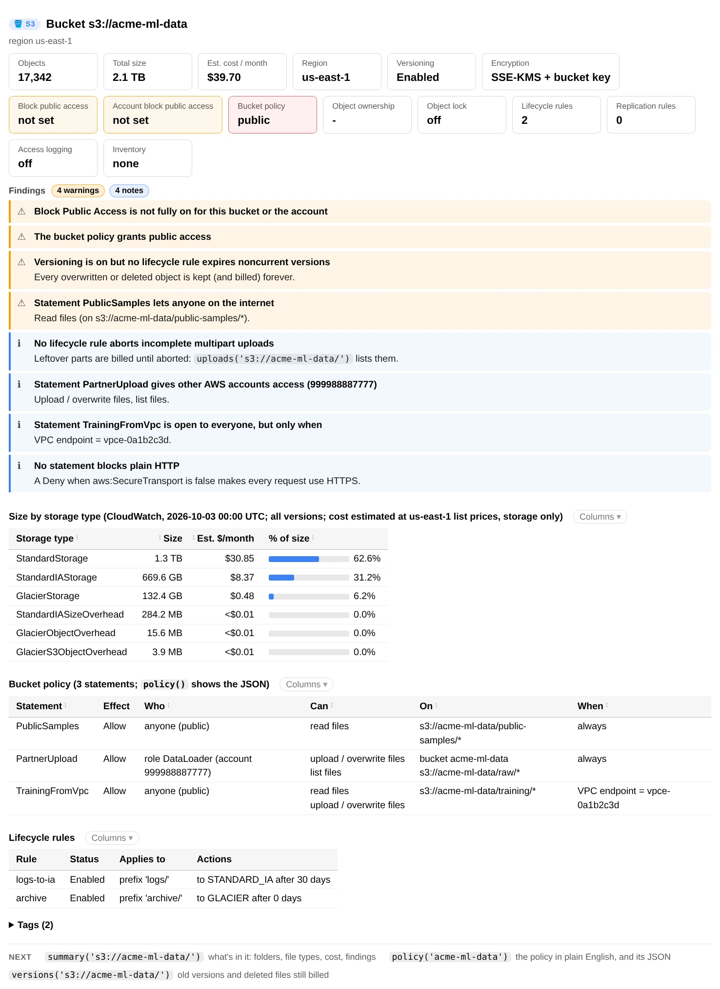 bucket_info(): cards for objects, size, cost, region, versioning, encryption and public access, warnings, size by storage type with cost, the bucket policy and lifecycle rules