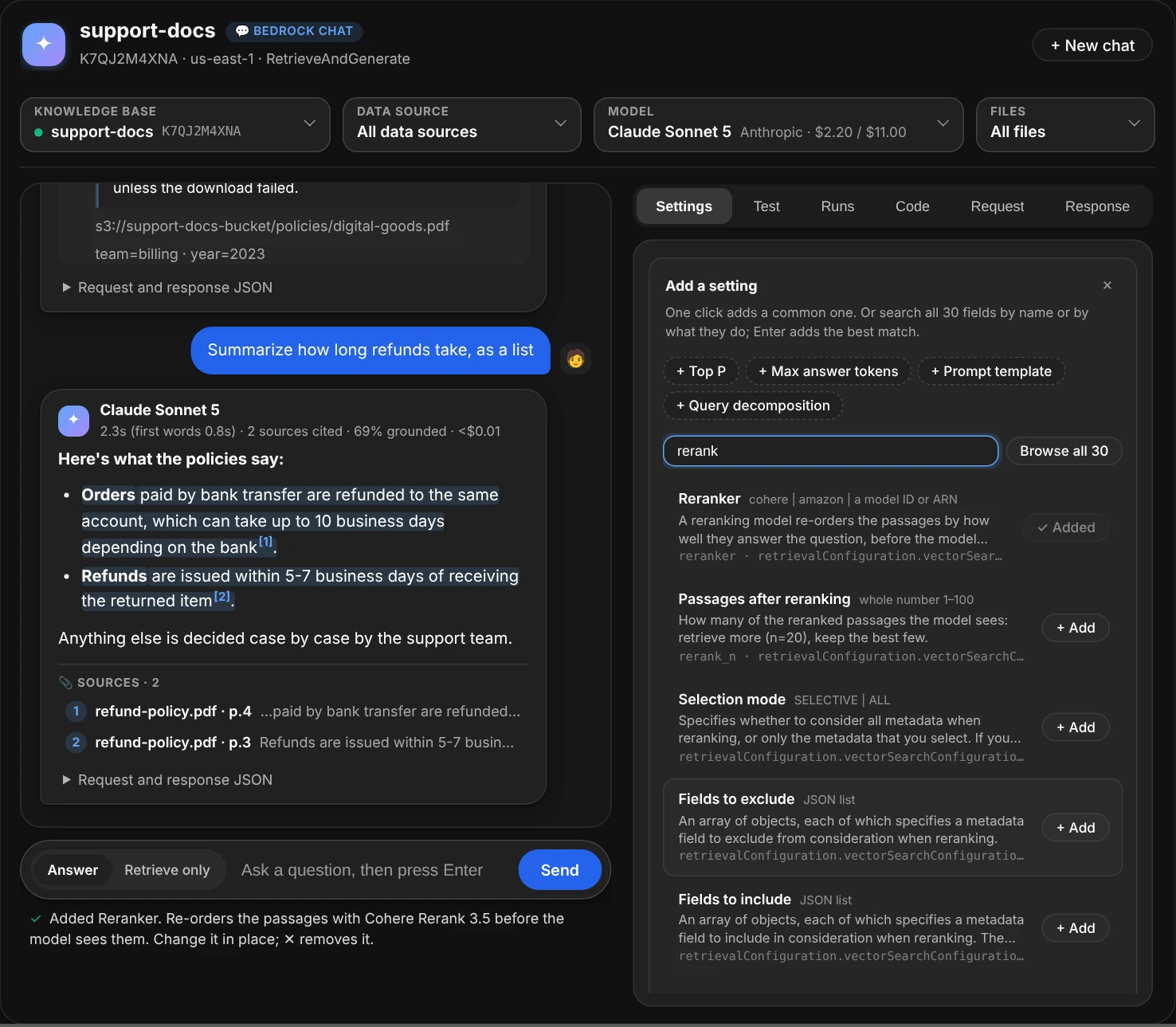 Add a setting with rerank typed in the search box: under it, the matching settings, each with its name, what it takes and what it does in a sentence and its path, and a + Add button; Reranker shows Added, since it's already sent