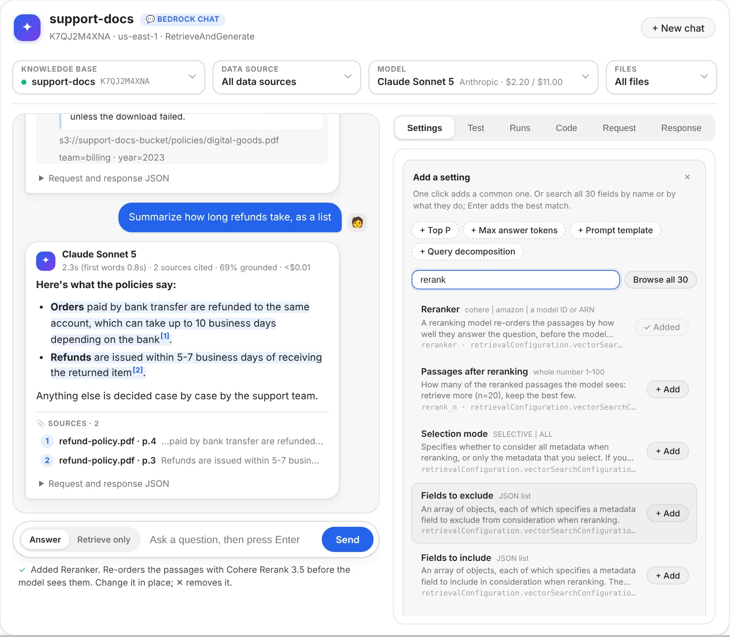 Add a setting with rerank typed in the search box: under it, the matching settings, each with its name, what it takes and what it does in a sentence and its path, and a + Add button; Reranker shows Added, since it's already sent