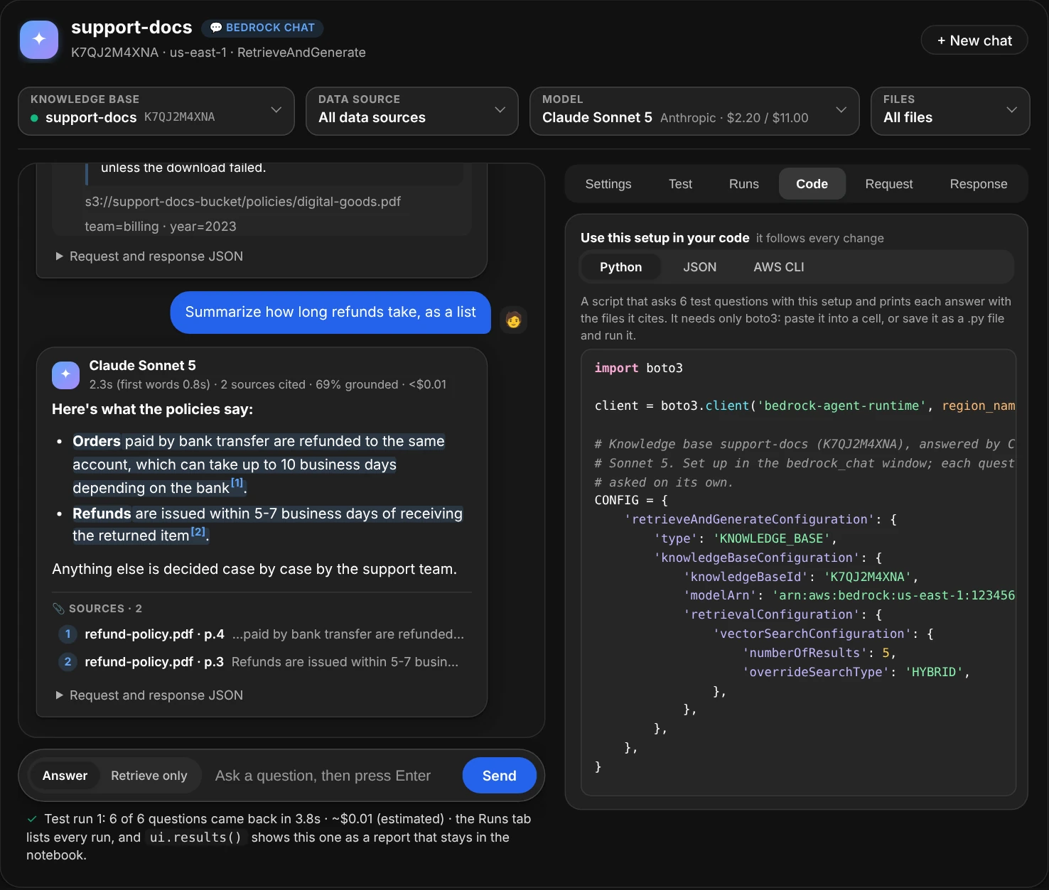 The chat window with the Code tab open: Python, JSON and AWS CLI buttons, Python selected; a line saying it's a script that asks 6 test questions with this setup and prints each answer with the files it cites, and needs only boto3; then the script, highlighted: import boto3, a client for bedrock-agent-runtime in us-east-1, a comment naming the knowledge base and the model, and CONFIG holding the retrieveAndGenerateConfiguration with the knowledge base ID, the model's inference profile and the search settings