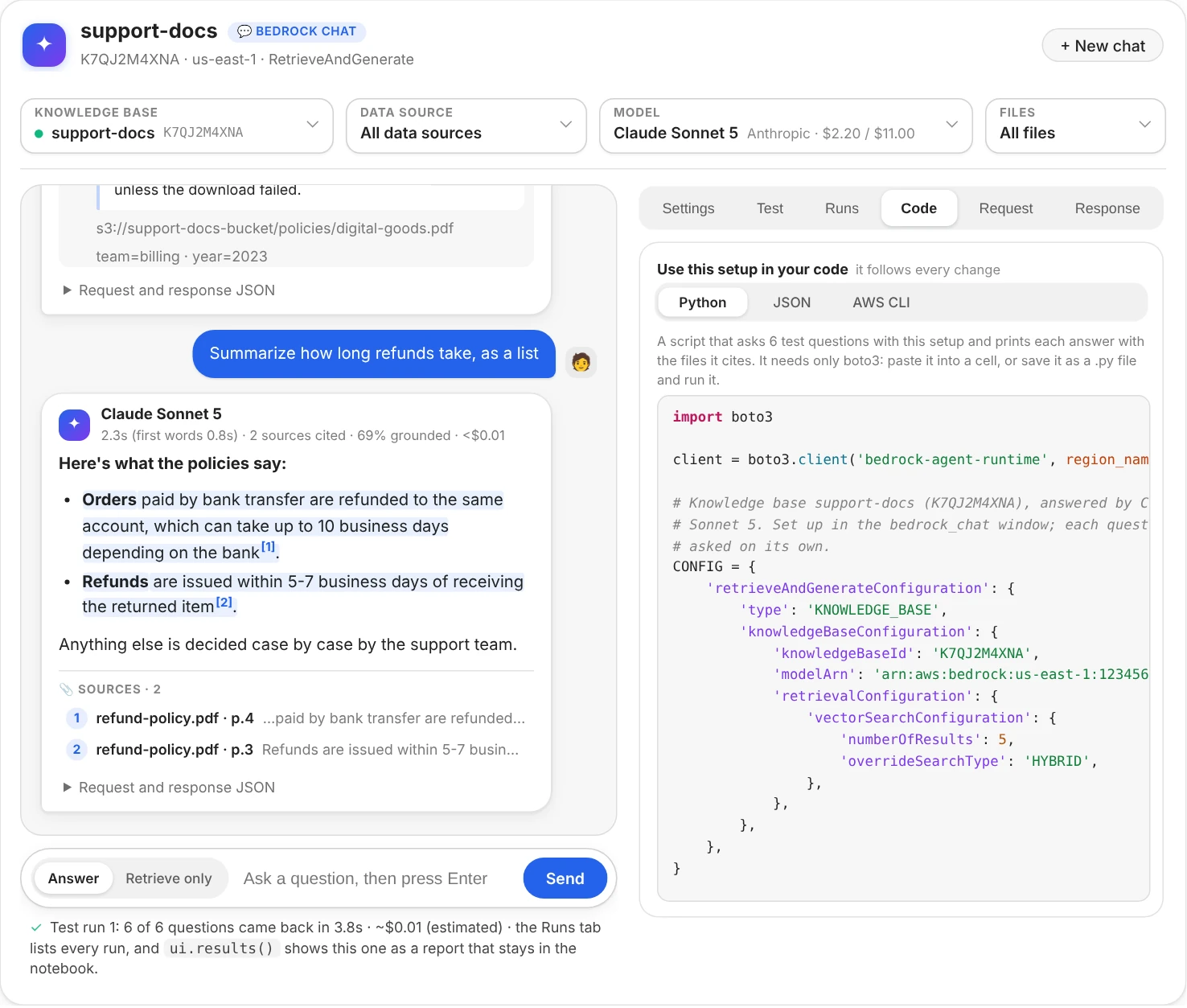 The chat window with the Code tab open: Python, JSON and AWS CLI buttons, Python selected; a line saying it's a script that asks 6 test questions with this setup and prints each answer with the files it cites, and needs only boto3; then the script, highlighted: import boto3, a client for bedrock-agent-runtime in us-east-1, a comment naming the knowledge base and the model, and CONFIG holding the retrieveAndGenerateConfiguration with the knowledge base ID, the model's inference profile and the search settings