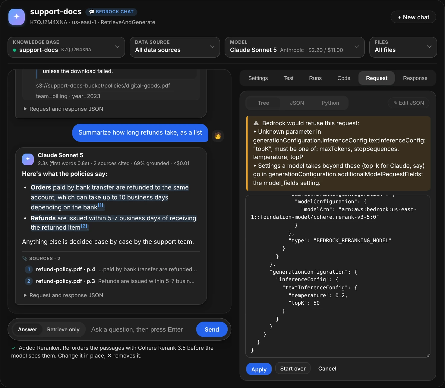 Edit JSON with topK added next to temperature; after Apply, a warning says Bedrock would refuse this request: unknown parameter topK in textInferenceConfig, which must be one of maxTokens, stopSequences, temperature, topP, and that settings a model takes beyond these go in additionalModelRequestFields, the model_fields setting