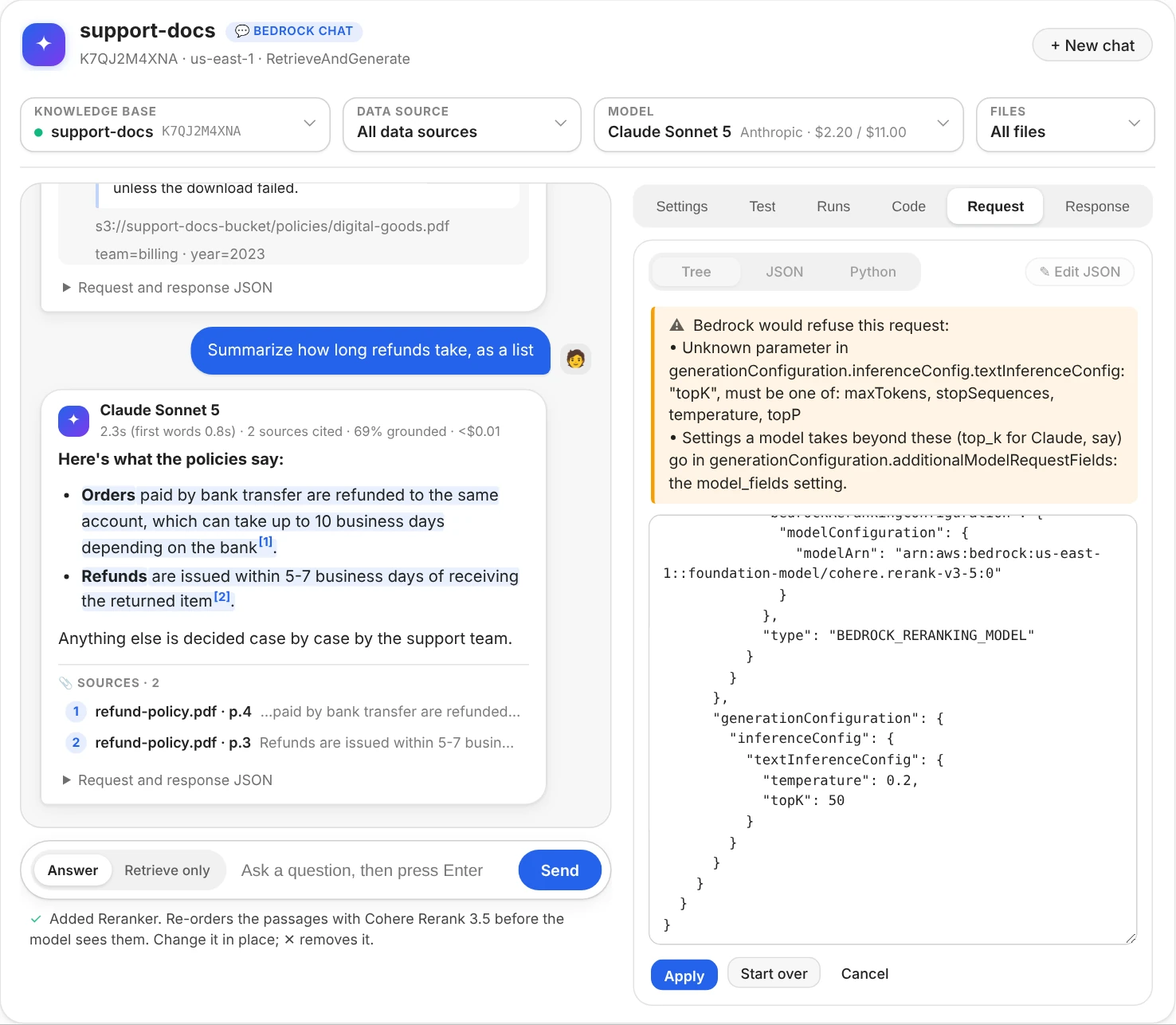 Edit JSON with topK added next to temperature; after Apply, a warning says Bedrock would refuse this request: unknown parameter topK in textInferenceConfig, which must be one of maxTokens, stopSequences, temperature, topP, and that settings a model takes beyond these go in additionalModelRequestFields, the model_fields setting