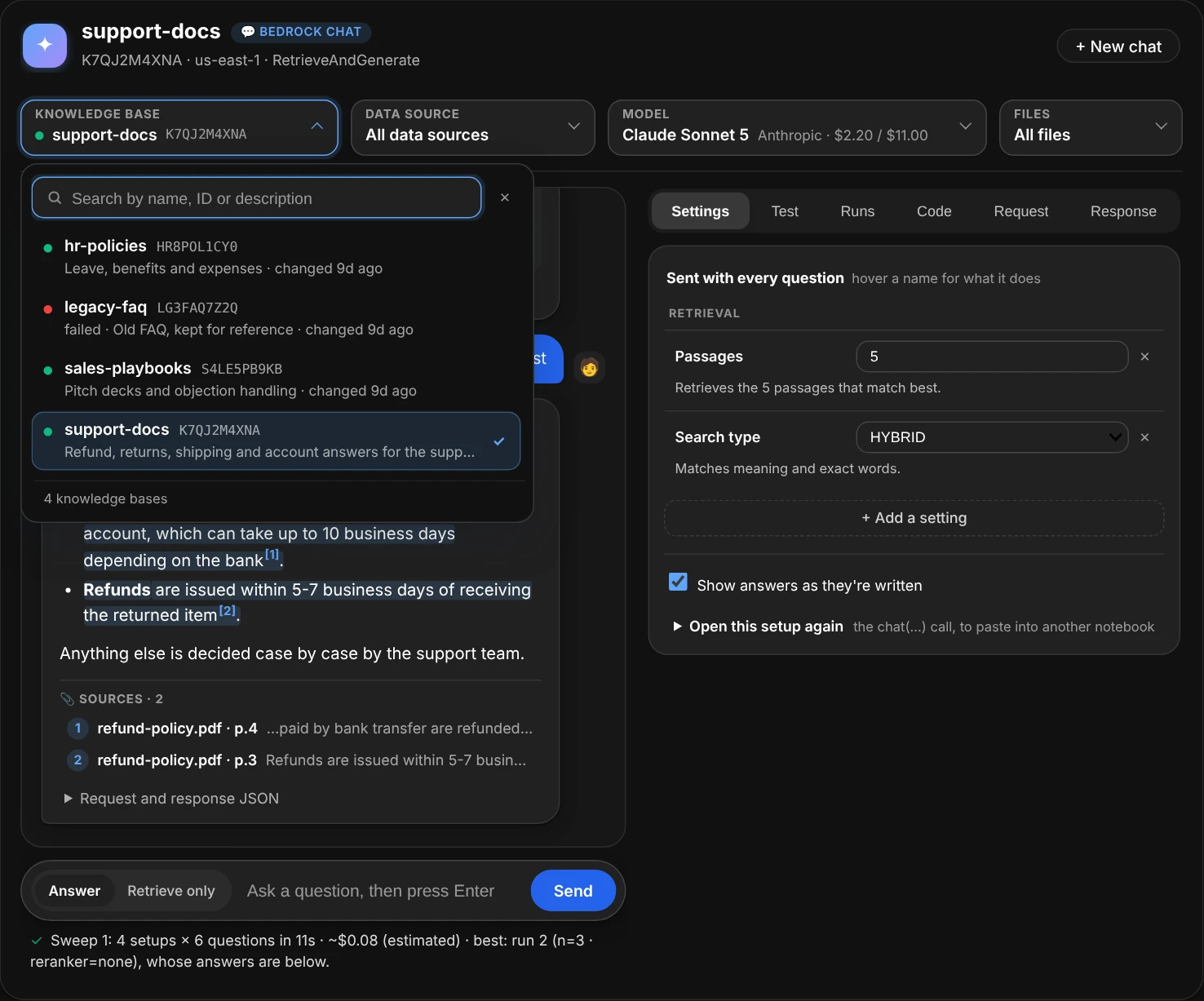 The chat window with the Knowledge base field open under the header: a search box reading Search by name, ID or description, then four knowledge bases, each with a status dot, its name, its ID in a code font, its description and when it changed; hr-policies, legacy-faq (failed, with a red dot), sales-playbooks and support-docs, which is ticked and shaded as the one in use; under them, 4 knowledge bases