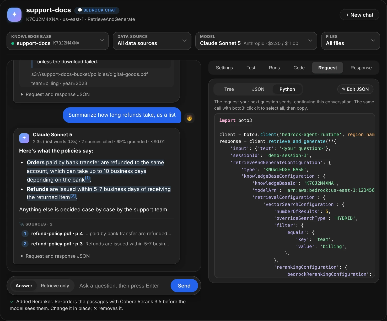 The Python view of the Request tab: the boto3 call that sends the same request, with keywords, function names, keyword arguments, keys, text and numbers each in their own colour