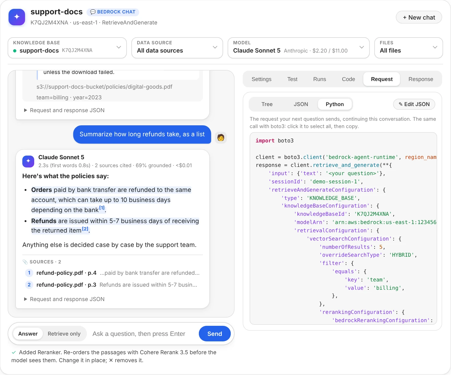 The Python view of the Request tab: the boto3 call that sends the same request, with keywords, function names, keyword arguments, keys, text and numbers each in their own colour