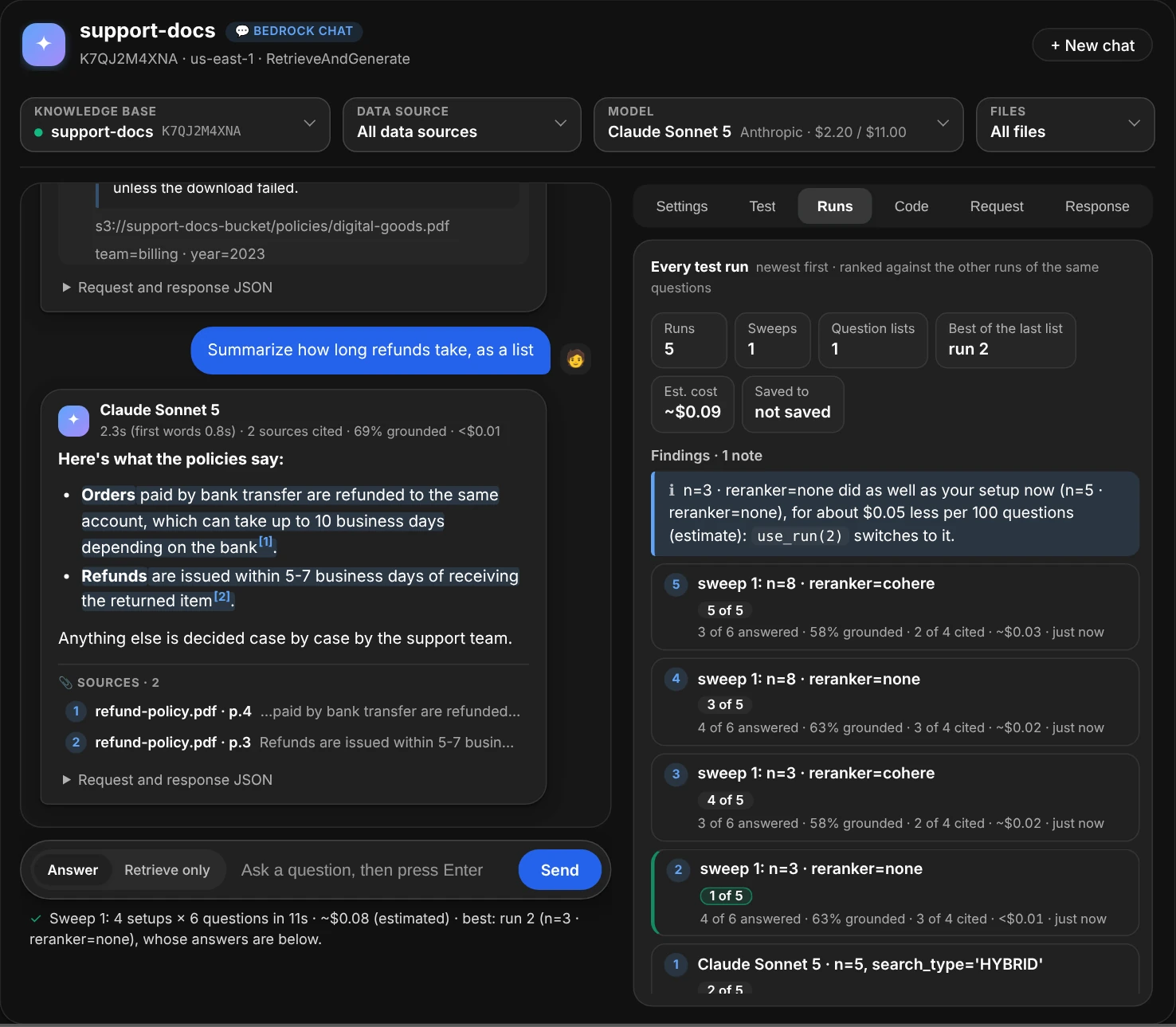 The chat window with the Runs tab open: cards for 5 runs, 1 sweep, 1 question list, run 2 the best of the last list, about 9 cents and not saved; a note that n=3 with no reranker did as well as the setup in use for about $0.05 less per 100 questions, with the use_run(2) call that switches to it; then a line per run, newest first, with its number and name, its rank among the 5 runs of the same questions (run 2 outlined as 1 of 5), how many of the 6 questions it answered, its grounded share, expected sources cited, estimated cost and when it ran