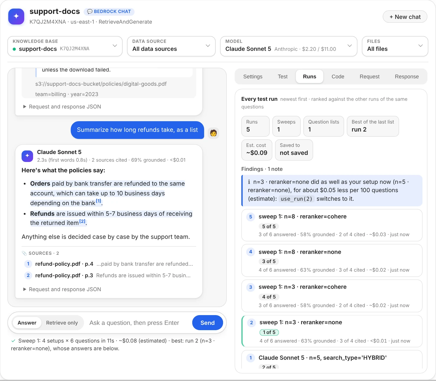 The chat window with the Runs tab open: cards for 5 runs, 1 sweep, 1 question list, run 2 the best of the last list, about 9 cents and not saved; a note that n=3 with no reranker did as well as the setup in use for about $0.05 less per 100 questions, with the use_run(2) call that switches to it; then a line per run, newest first, with its number and name, its rank among the 5 runs of the same questions (run 2 outlined as 1 of 5), how many of the 6 questions it answered, its grounded share, expected sources cited, estimated cost and when it ran