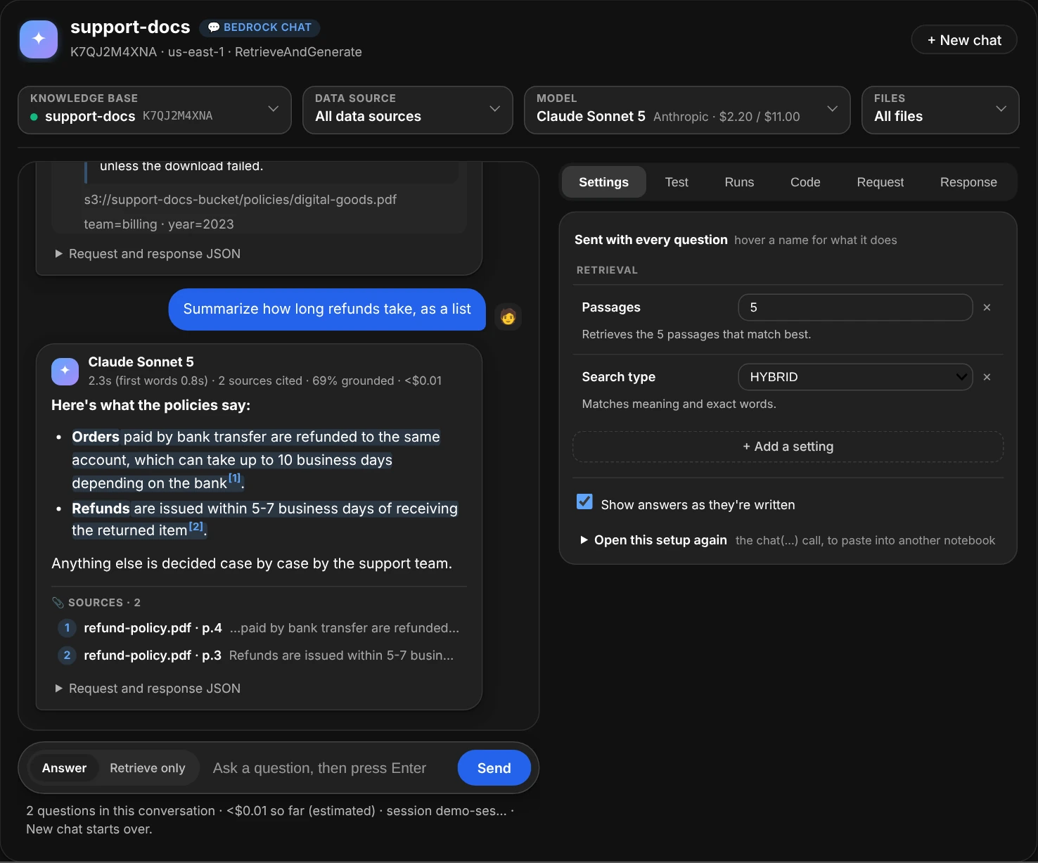 The chat window: four fields at the top, Knowledge base support-docs with its ID, Data source All data sources, Model Claude Sonnet 5 with its price, and Files All files; the end of an answer about digital goods, its source open, then a question asking for a summary as a list, answered in markdown: a bold lead-in and two bullets, each with its cited span shaded and numbered, the model's name over its time, grounded share and cost, and its two sources; on the right, the Settings tab with Passages 5 and Search type HYBRID, each on one line with its value beside its name and explained in a sentence, and a button to add a setting