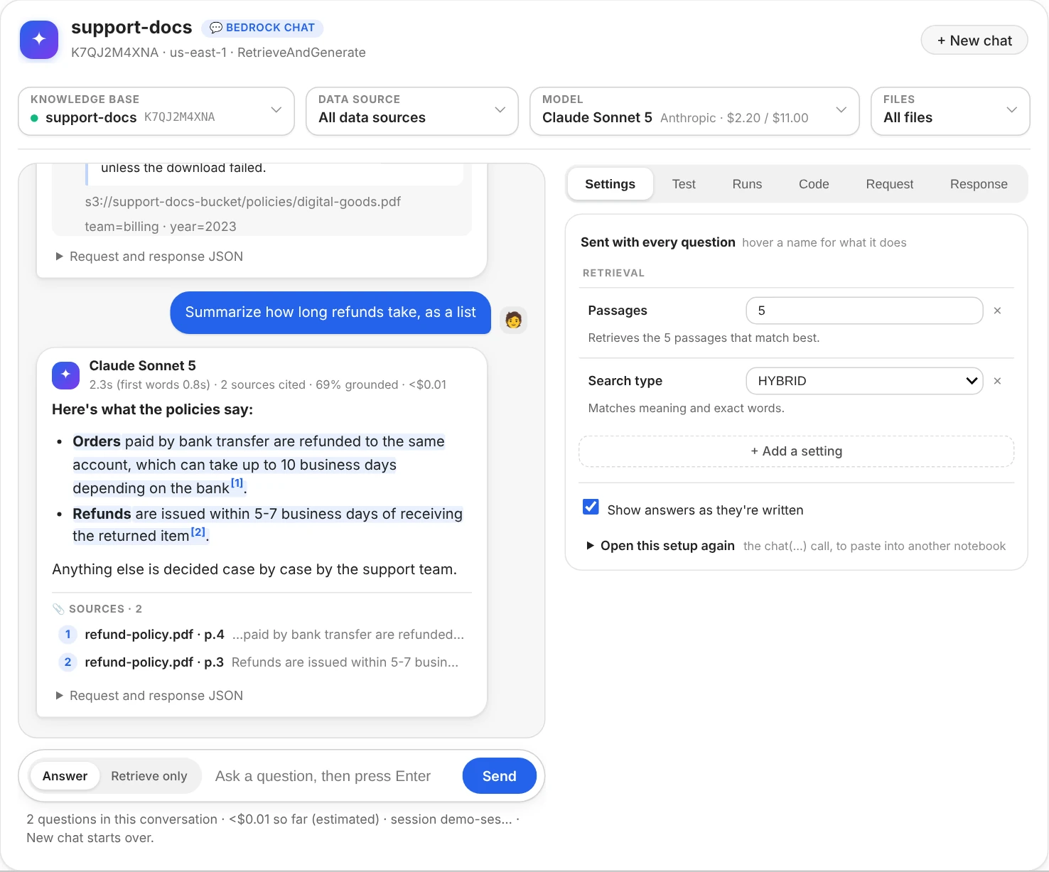 The chat window: four fields at the top, Knowledge base support-docs with its ID, Data source All data sources, Model Claude Sonnet 5 with its price, and Files All files; the end of an answer about digital goods, its source open, then a question asking for a summary as a list, answered in markdown: a bold lead-in and two bullets, each with its cited span shaded and numbered, the model's name over its time, grounded share and cost, and its two sources; on the right, the Settings tab with Passages 5 and Search type HYBRID, each on one line with its value beside its name and explained in a sentence, and a button to add a setting