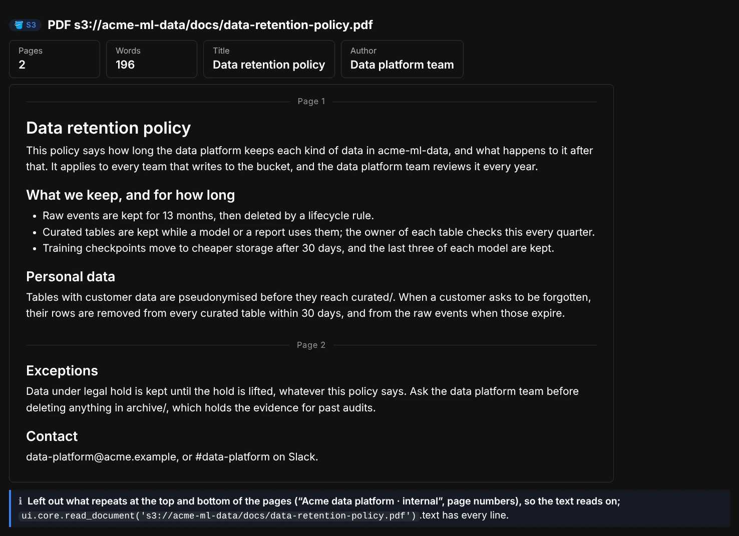 document() of a PDF: page count, word count, title and author, then the policy's text laid out to read, with its title, headings, paragraphs and a bulleted list, a thin line where page 2 starts, and a note that the running header and page numbers are left out