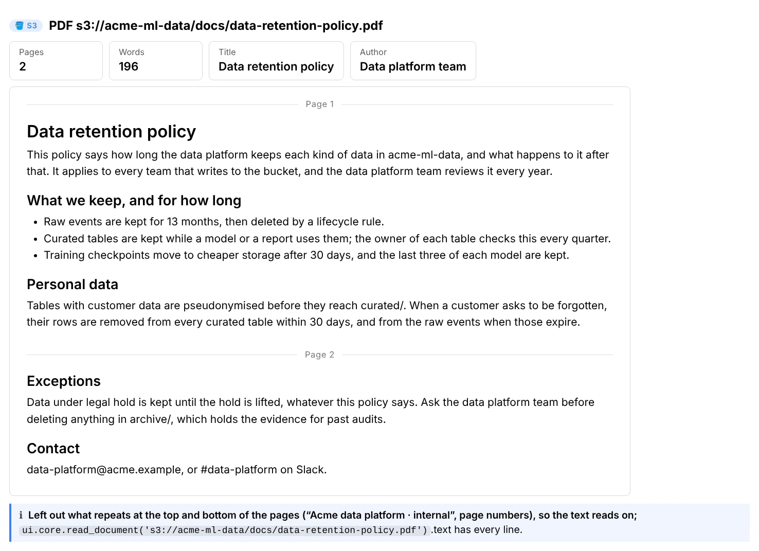 document() of a PDF: page count, word count, title and author, then the policy's text laid out to read, with its title, headings, paragraphs and a bulleted list, a thin line where page 2 starts, and a note that the running header and page numbers are left out