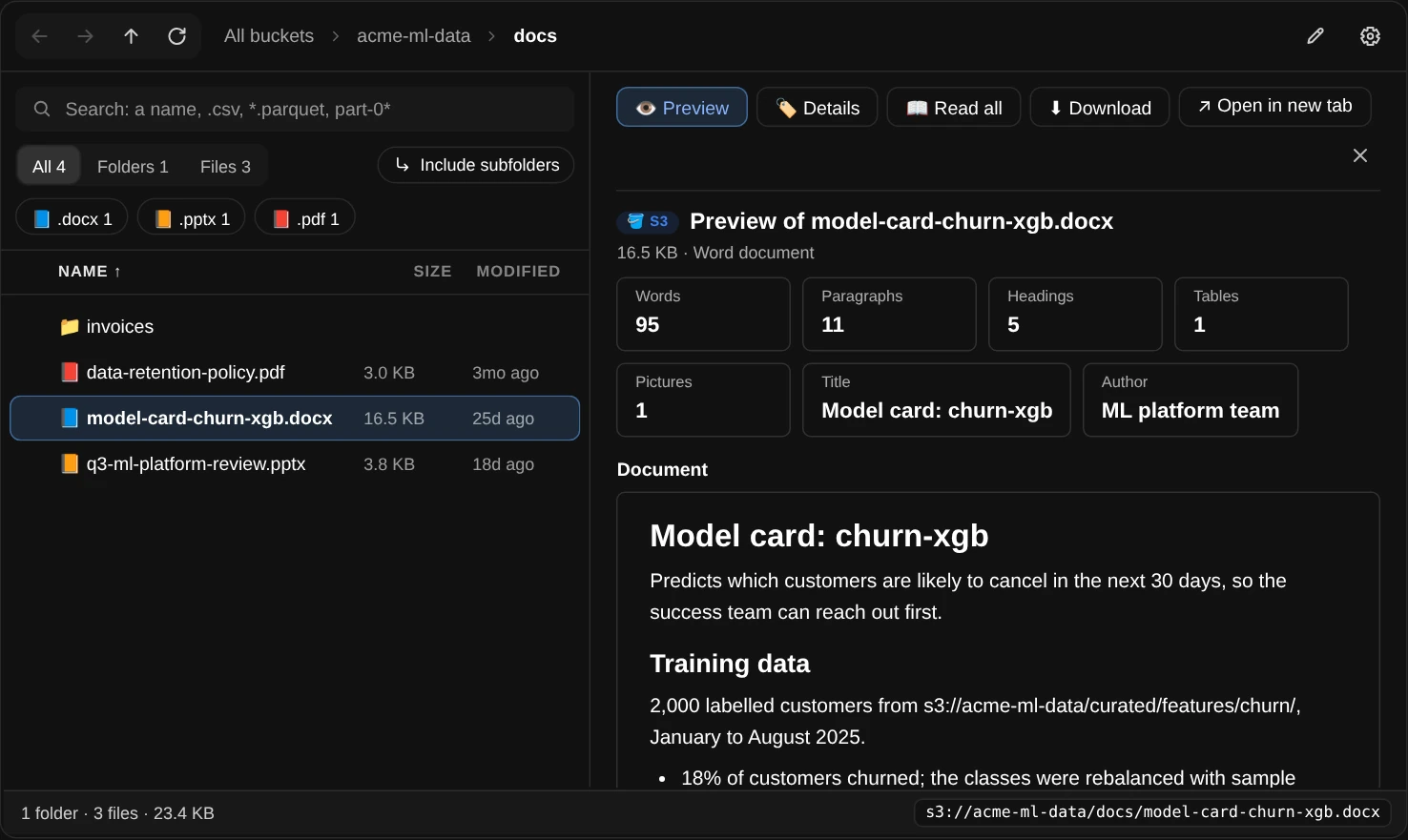 S3Explorer in the docs folder: a PDF, a Word file and a PowerPoint deck on the left, the Word model card highlighted; on the right its word, paragraph, heading, table and picture counts, title and author, and the document laid out with its headings and lists