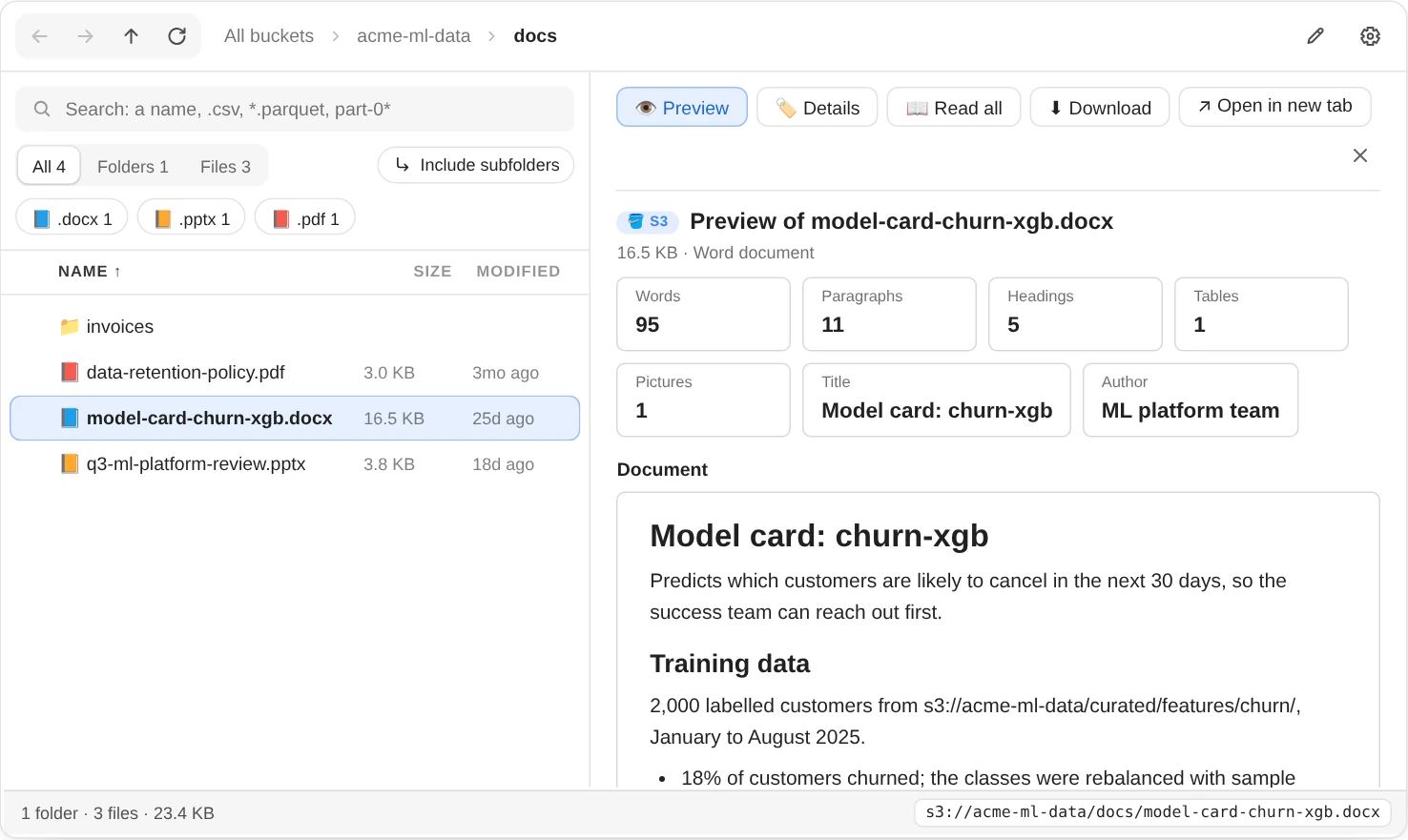 S3Explorer in the docs folder: a PDF, a Word file and a PowerPoint deck on the left, the Word model card highlighted; on the right its word, paragraph, heading, table and picture counts, title and author, and the document laid out with its headings and lists