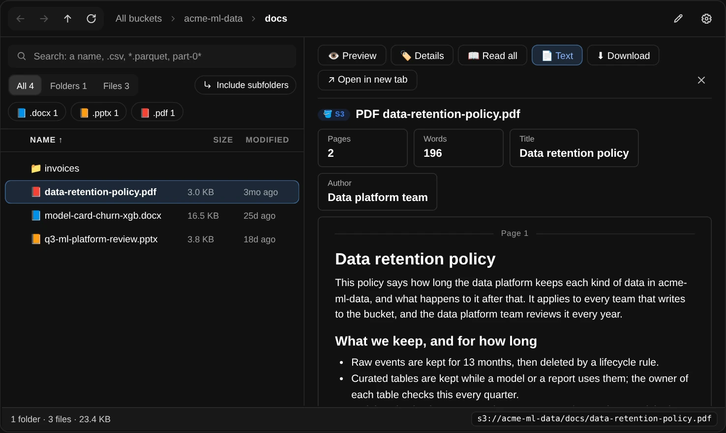 S3Explorer in the docs folder with the data retention policy PDF highlighted and 📄 Text pressed; on the right its page and word counts, title and author, then the policy laid out to read under a thin Page 1 line: its title, a paragraph, a heading and a bulleted list