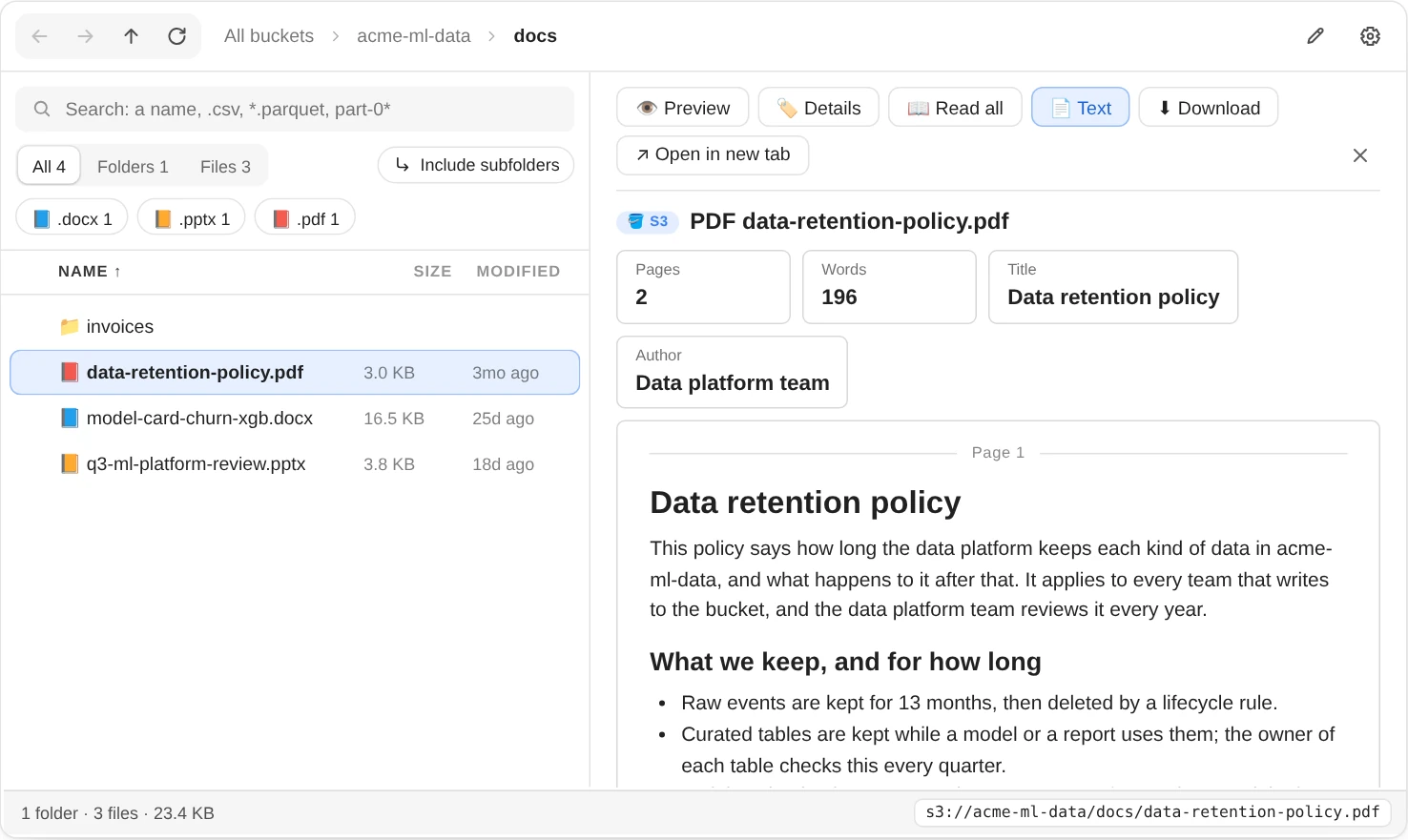 S3Explorer in the docs folder with the data retention policy PDF highlighted and 📄 Text pressed; on the right its page and word counts, title and author, then the policy laid out to read under a thin Page 1 line: its title, a paragraph, a heading and a bulleted list