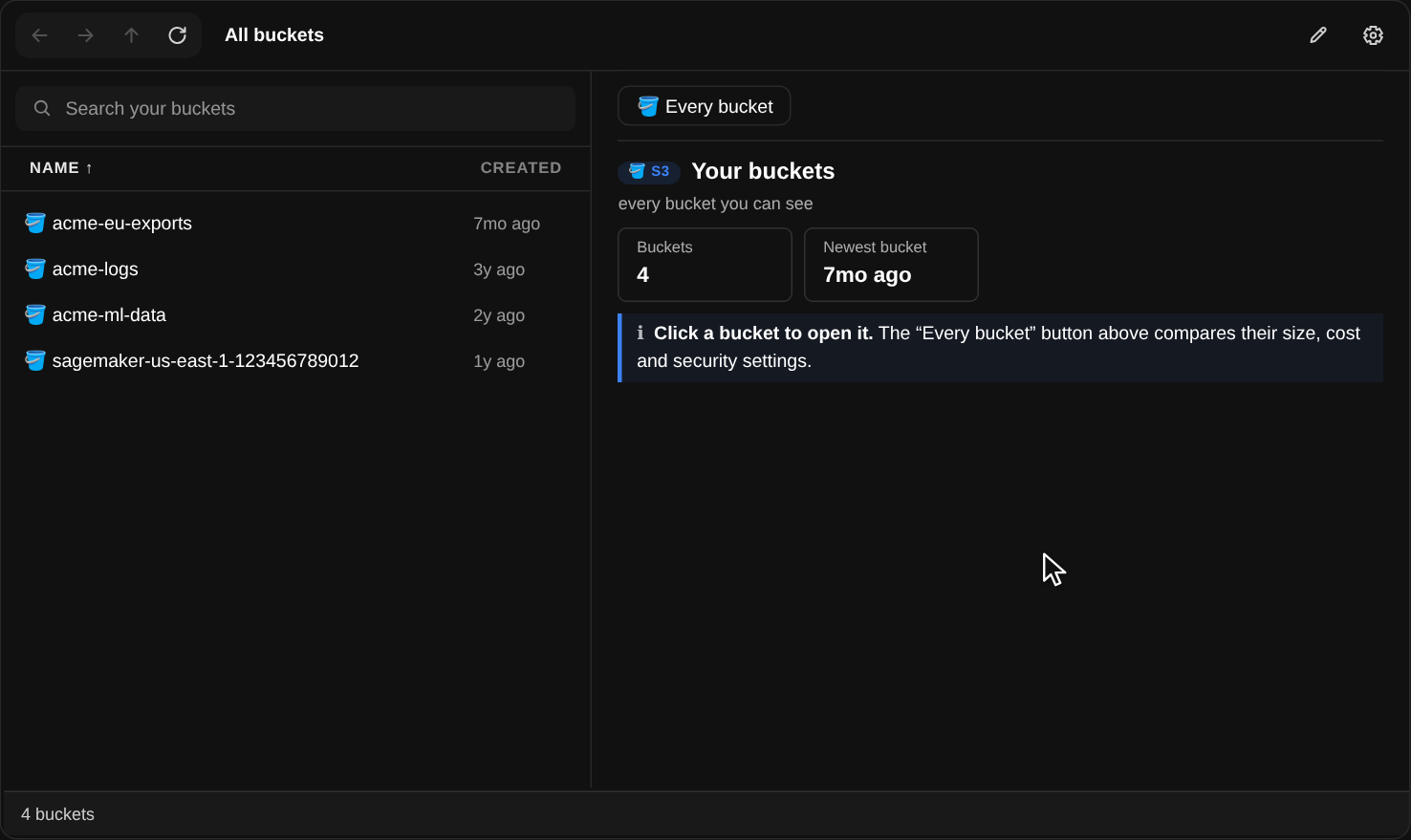 S3Explorer in a notebook, animated: it starts on the list of four buckets; the pointer opens acme-ml-data, then curated, features and churn, and clicks train.parquet, whose preview appears on the right with its row, column and row-group counts and first rows; then it clicks acme-ml-data in the path at the top, opens docs and clicks a Word model card, which appears on the right laid out with its title, headings and bullet points; last it opens training, turns on Include subfolders and clicks the .tar chip, and the list shows each model.tar.gz below with the training run it came from