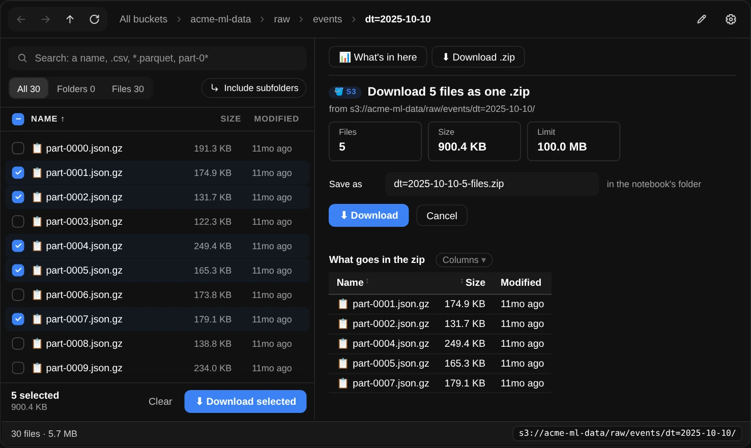 S3Explorer in a folder of 30 compressed JSON event files, five of them ticked and tinted; the bar under the list says 5 selected and their size, with Clear and Download selected; on the right, Download 5 files as one .zip, with cards for the files, their size and the limit, a Save as box holding dt=2025-10-10-5-files.zip, Download and Cancel buttons, and a table of what goes in the zip