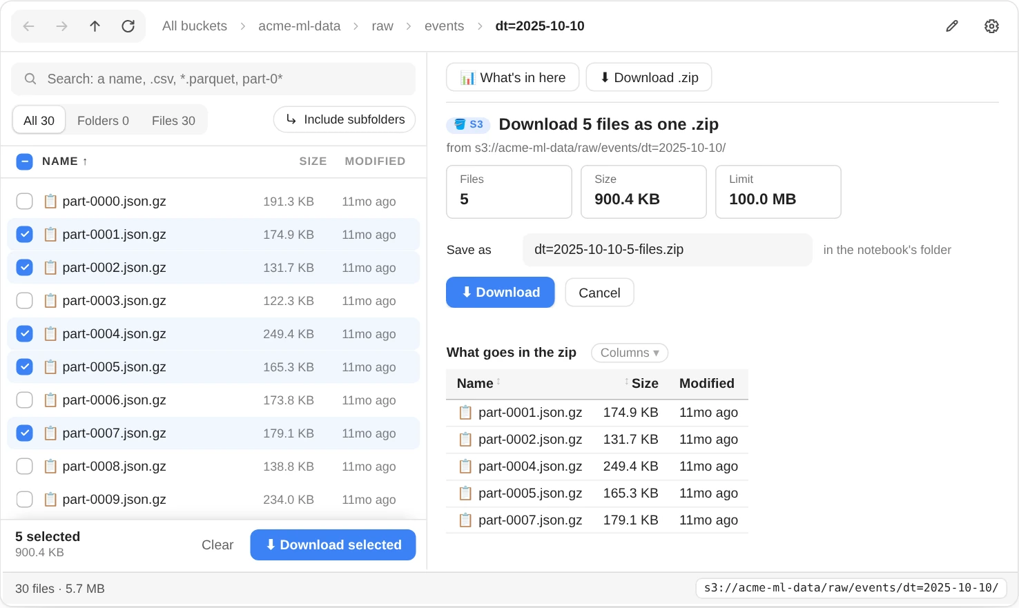 S3Explorer in a folder of 30 compressed JSON event files, five of them ticked and tinted; the bar under the list says 5 selected and their size, with Clear and Download selected; on the right, Download 5 files as one .zip, with cards for the files, their size and the limit, a Save as box holding dt=2025-10-10-5-files.zip, Download and Cancel buttons, and a table of what goes in the zip