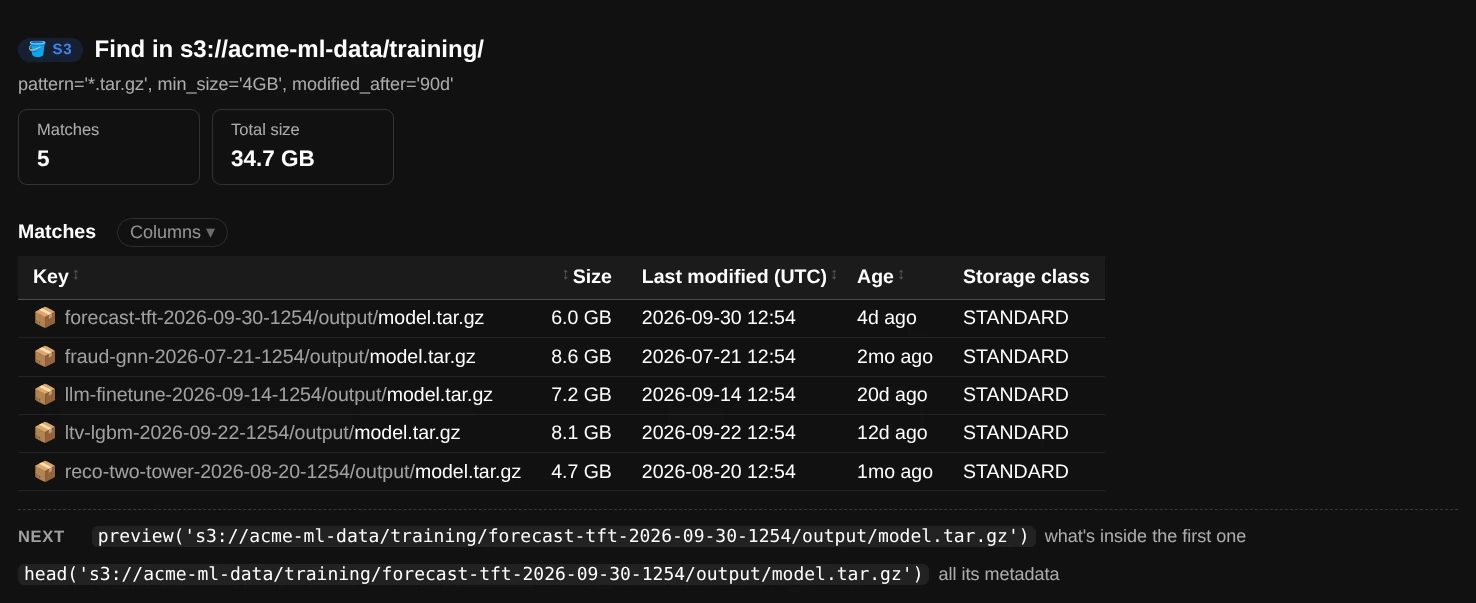 find(): the number of matches, their total size and a table of matching model.tar.gz files