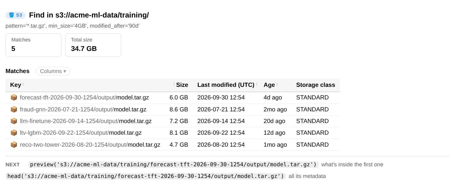 find(): the number of matches, their total size and a table of matching model.tar.gz files