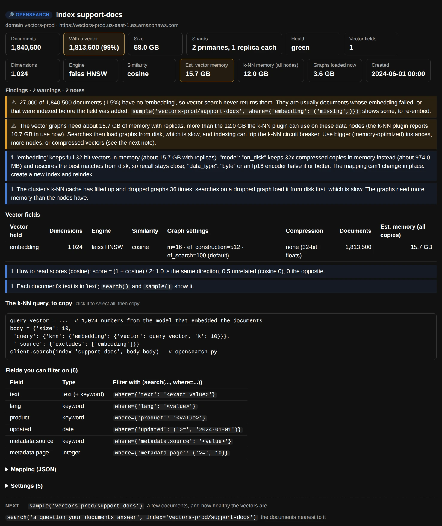 index_info(): cards for documents, documents with a vector, size, shards, dimensions, engine, similarity and estimated vector memory; findings that 27,000 documents have no vector, that the graphs need more memory than the nodes have, and that on-disk mode would need about 1 GB instead of 15.7 GB; the vector field's settings; how to read scores; and the fields to filter on