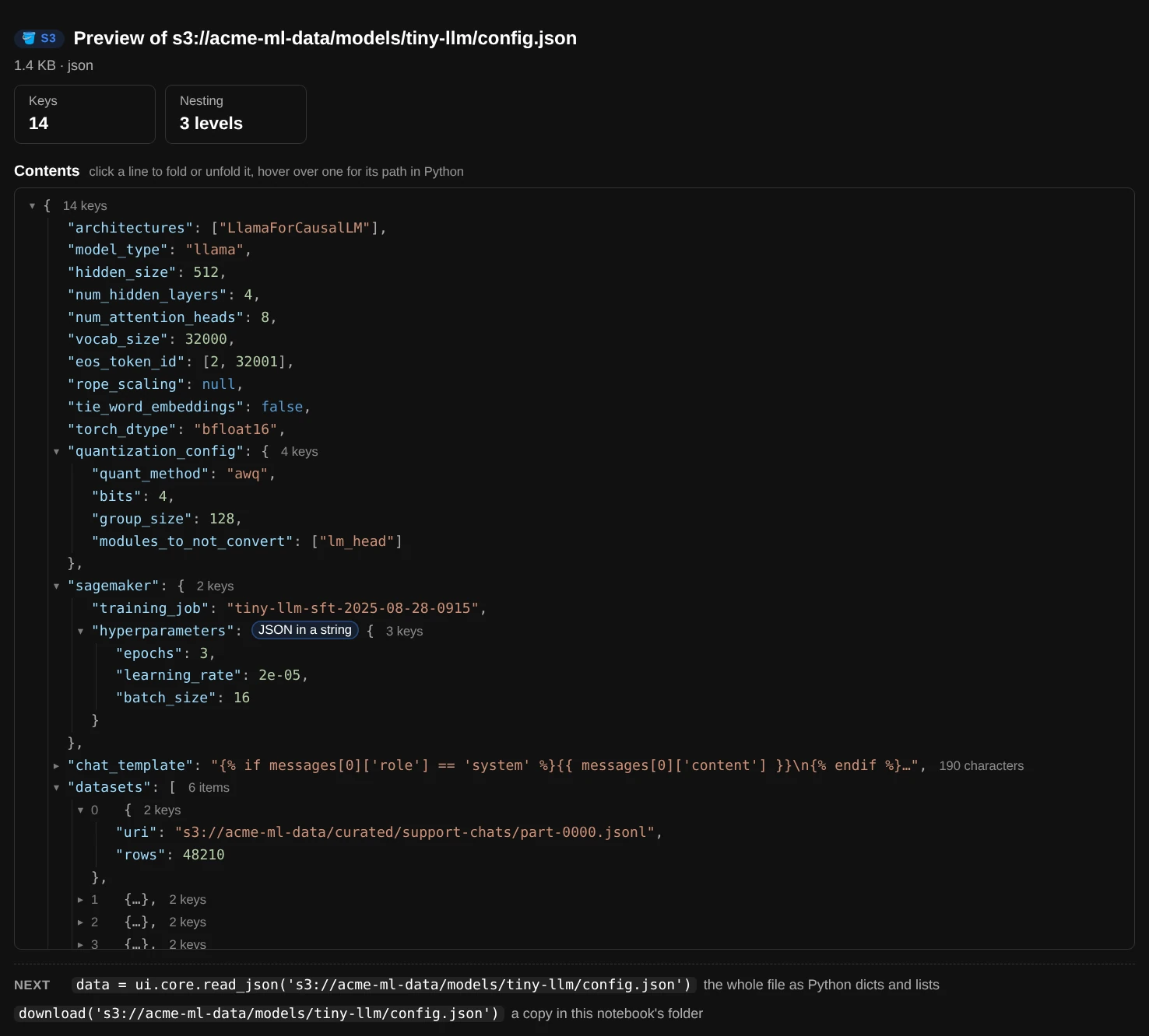preview() of a JSON file: key count and nesting depth, then the file as a tree with coloured keys, strings and numbers; the hyperparameters string is shown as the JSON it holds, the long chat template is folded to its start, and only the first of six datasets is unfolded