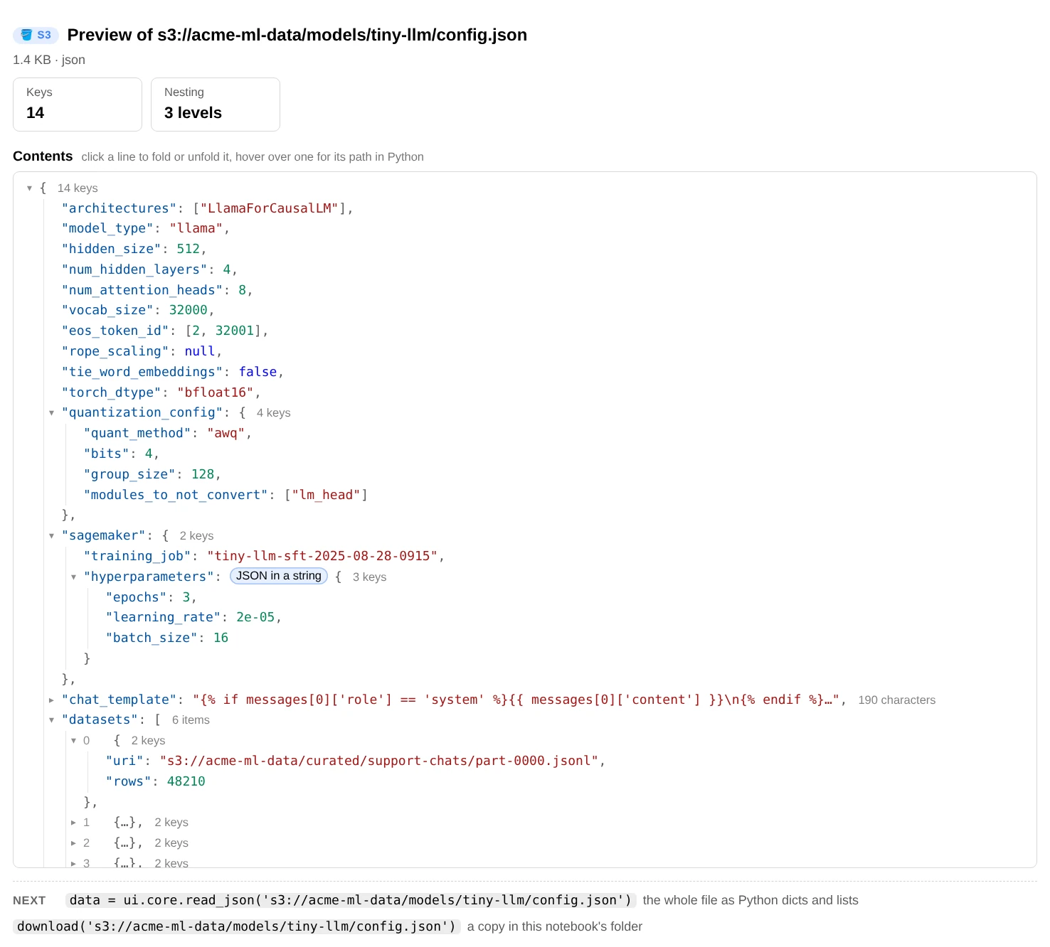 preview() of a JSON file: key count and nesting depth, then the file as a tree with coloured keys, strings and numbers; the hyperparameters string is shown as the JSON it holds, the long chat template is folded to its start, and only the first of six datasets is unfolded
