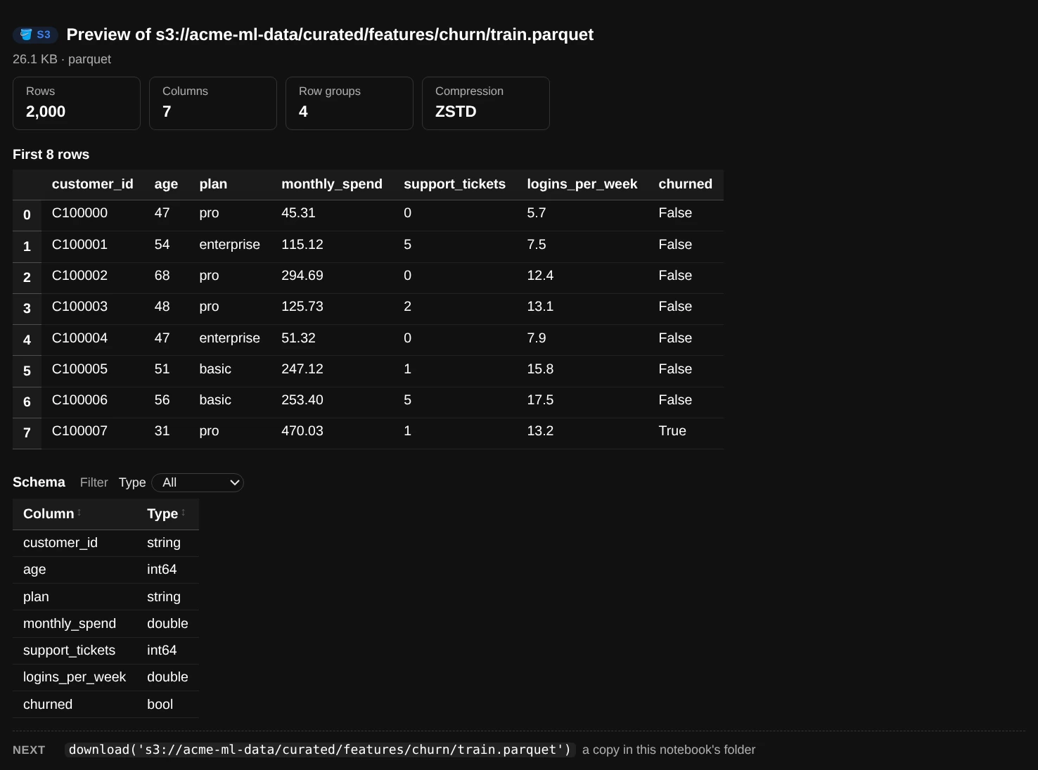 preview() of a Parquet file: row, column and row-group counts, the first rows, and the schema