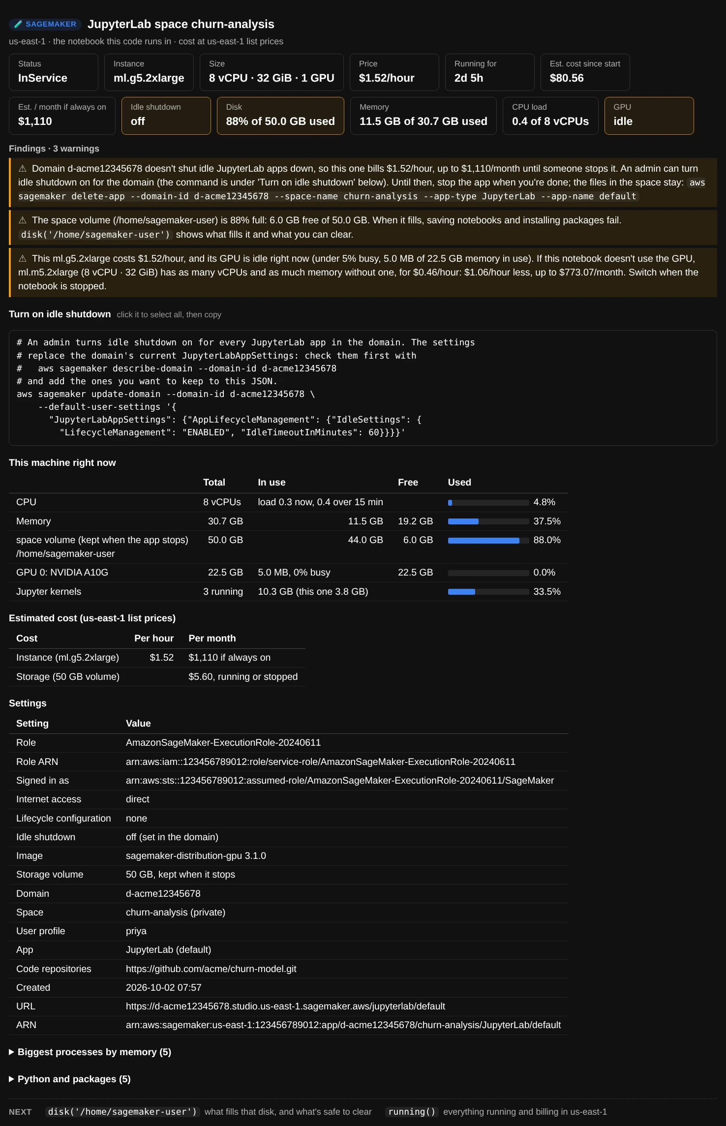instance(): cards for the ml.g5.2xlarge's price, 2 days 5 hours running, about $80 so far, idle shutdown off, the disk 88% full and an idle GPU; warnings that the domain doesn't shut idle apps down, that the disk is nearly full and that the GPU is idle with the CPU type that would cost $1.06 an hour less; the command that turns on idle shutdown; and a table of the machine's CPU, memory, disk, GPU and kernels