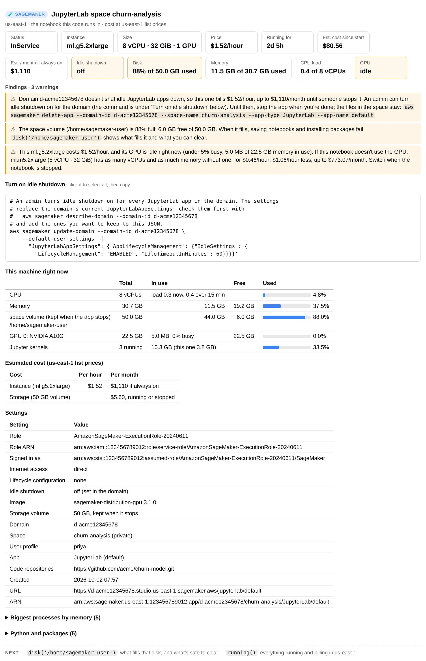 instance(): cards for the ml.g5.2xlarge's price, 2 days 5 hours running, about $80 so far, idle shutdown off, the disk 88% full and an idle GPU; warnings that the domain doesn't shut idle apps down, that the disk is nearly full and that the GPU is idle with the CPU type that would cost $1.06 an hour less; the command that turns on idle shutdown; and a table of the machine's CPU, memory, disk, GPU and kernels
