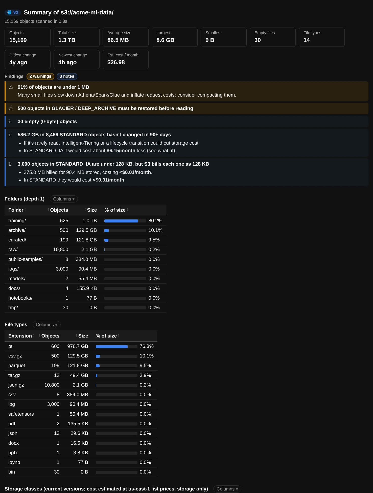 summary(): cards with object count, size and estimated cost, findings about small files, archived data and cold data, then tables by folder, file type and storage class